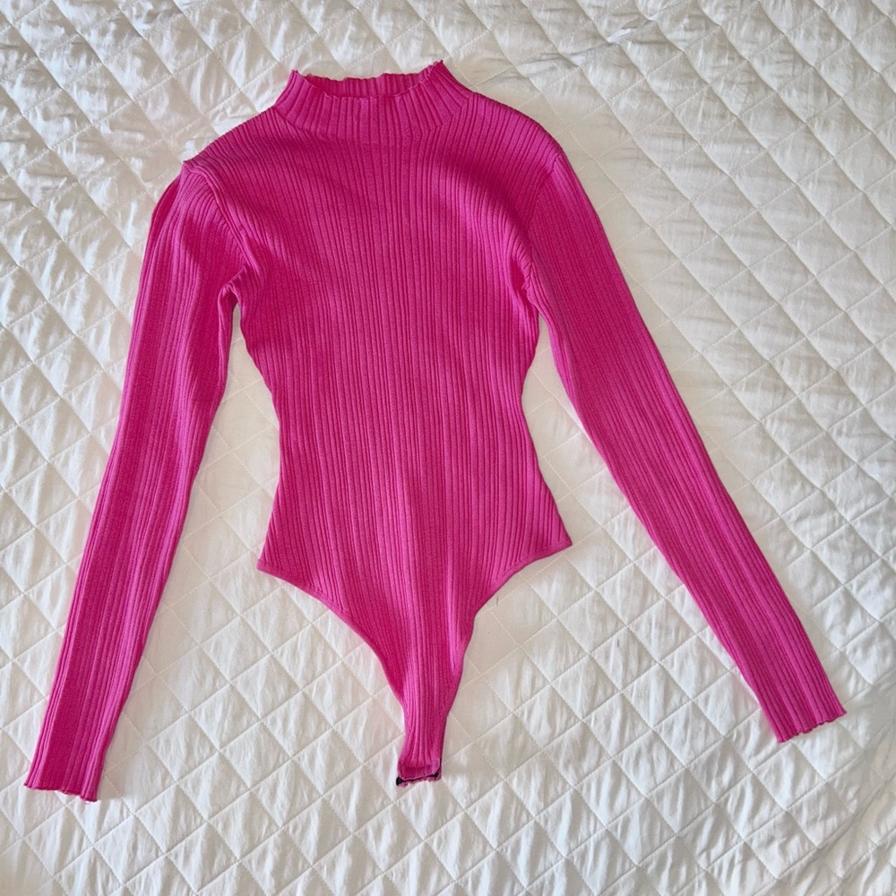 Bright pink ribbed bodysuit